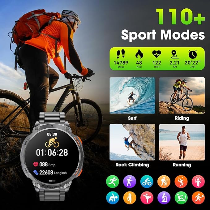 Military Smart Watches for Men, 1.85" HD Large Screen Smart Watch, Flashlight/730mAh/110+ Sports Modes Fitness Tracker Watch, Waterproof Mens Smart Watch for Android Phones iPhone Compatible