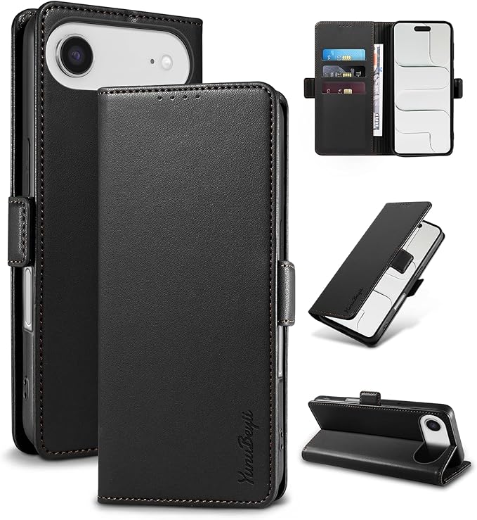 Wallet Flip Case for iPhone 17 Air 5G - [RFID Blocking] Luxury PU Leather Card Holder Magnetic Phone Cover with Kickstand,Shockproof Protective Case,Black