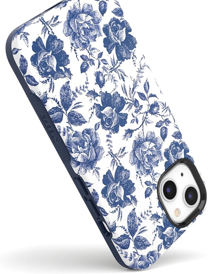 Casely iPhone 14 Case | Rose to Fame | Blue & White Rose Floral | Compatible with MagSafe | Bold Protective Design
