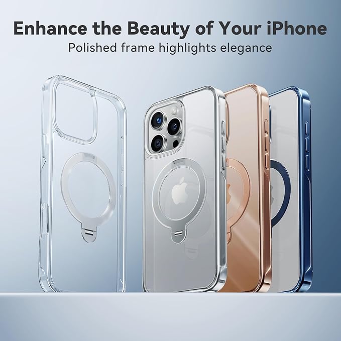 CASEKOO 360 Spin Max Magnetic Titanium Stand for iPhone 16 Pro Case [Fit with Magsafe][16FT Military Protection] [No-Yellow Crystal Clear] Slim 16 Pro Case with Stand 6.3'', Clear