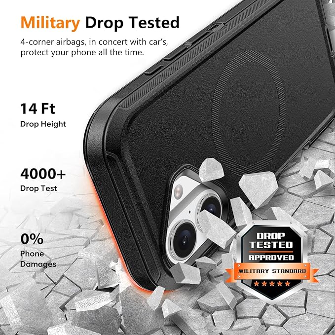 for iPhone 16 Plus Case with Belt Clip Holster, Anti-Shock, Anti-Slip, Compatible with MagSafe, 3-Layer Drop Protection, Heavy Duty Magnetic Phone Case Cover for 16 Plus, 6.7" Black