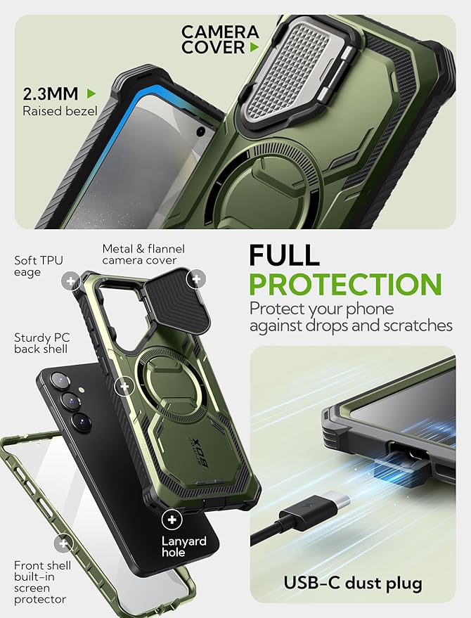 i-Blason for Samsung Galaxy S25 Case with Camera Cover Stand [MagSafe Compatible] [Built-in Screen Protector] Full-Body Military-Grade Protection Rugged Magnetic Phone Case for S25 6.2'', Green
