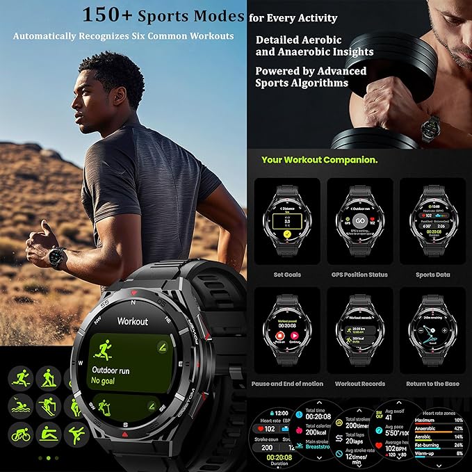 Military GPS Smart Watch: 1.43” AMOLED Always On Display, Built-In GPS, Compass, Altimeter, Barometer, Fitness/Path Tracker, BT Call, 150+ Sports, IP69K, Voice Assist, Long Battery Life, Android/iOS