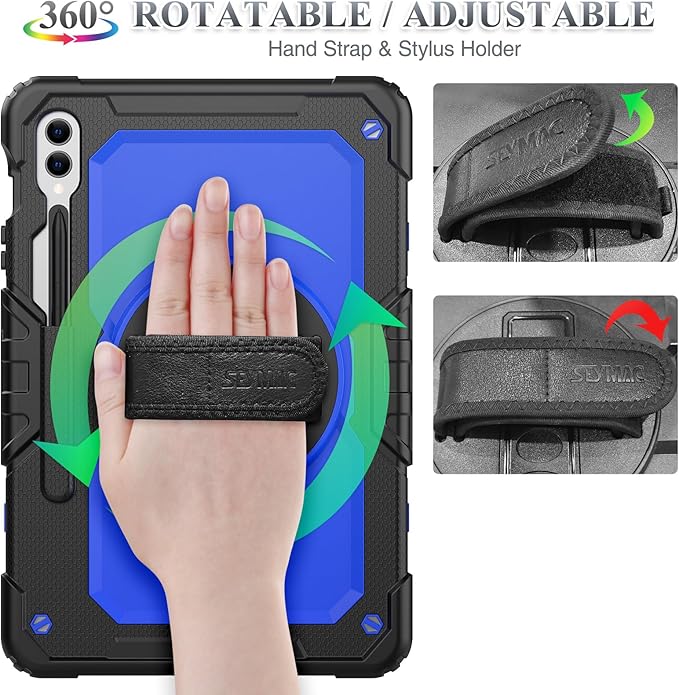 SEYMAC Stock Case for Samsung Galaxy Tab S10 Plus/S9 Plus 5G Tablet 12.4'' with Screen Protector & Pencil Holder, 360 Rotating Hand Strap & Stand, Drop-Proof, Blue