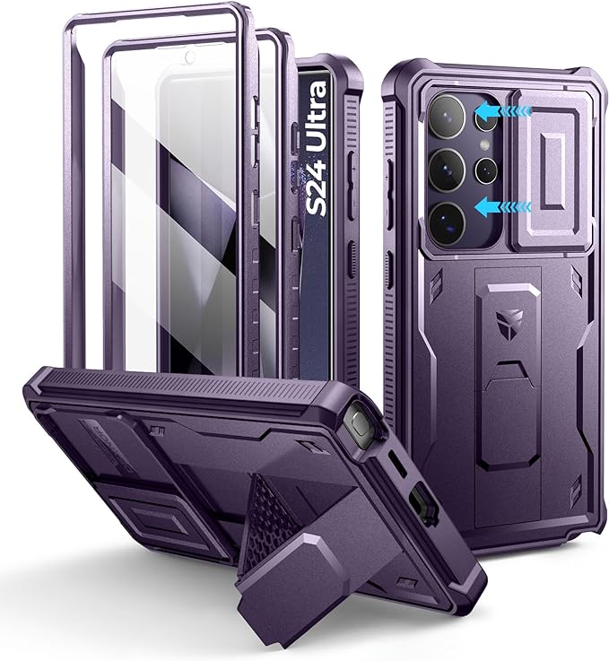 Dexnor for Samsung Galaxy S24 Ultra Case with Built-in Slide Camera Cover & Screen Protector & Kickstand, Shockproof Rugged Case Full-Body Bumper Protective Cover for Galaxy S24 Ultra (2024),Purple