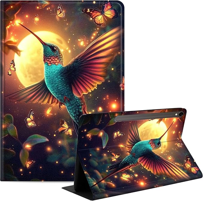 Case for Samsung Galaxy Tab S10 FE/ S9 FE 5G 10.9 Inch/Tab S9 11 Inch, Slim PU Leather Stand Cover with Auto Wake/Sleep, Multi-Angle Viewing & Shockproof, Colorful Hummingbird