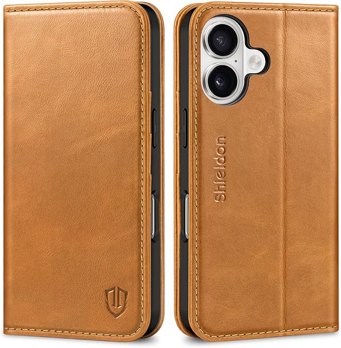 SHIELDON Leather Wallet Case for iPhone 17 5G 6.3" 2025 | RFID Blocking Credit Card Holder, Magnetic Closure, Kickstand, Folio Design, Shockproof Full Protective Cover - Retro Light Brown