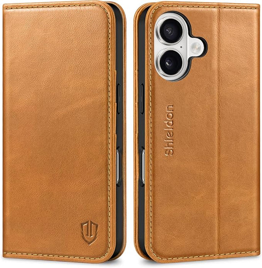 SHIELDON Leather Wallet Case for iPhone 17 5G 6.3" 2025 | RFID Blocking Credit Card Holder, Magnetic Closure, Kickstand, Folio Design, Shockproof Full Protective Cover - Retro Light Brown