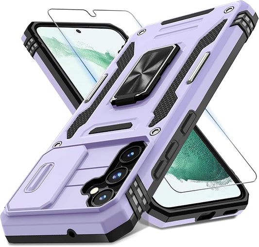 DEERLAMN Case for Samsung Galaxy S23 FE 6.4-Inch with Slide Camera Cover+Screen Protector(1 Pack),Rotated Ring Kickstand Military Grade Shockproof Protective Cover-Light Purple