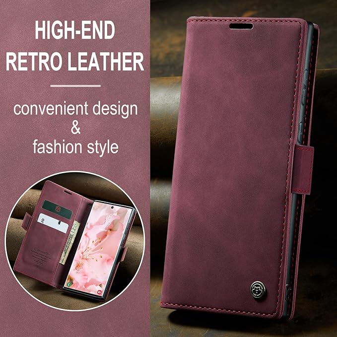 SINIANL for Samsung Galaxy S24 Ultra Case Wallet, Leather Book Folding Flip Cover with Kickstand Card Holders Slots Leather Case for Galaxy S24 Ultra Wine Red