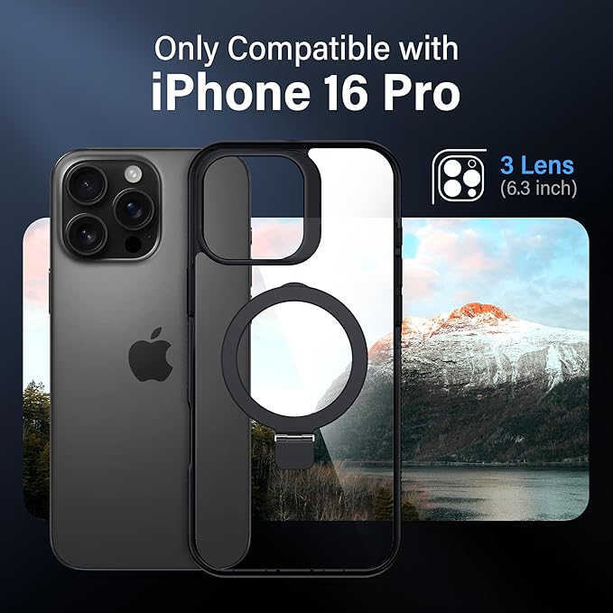 Magnetic Case for iPhone 16 Pro - [Built-in Invisible Stand] [Compatible with MagSafe] [Military Grade Drop Protection] Anti-Yellowing Hard Back Silicone Edge Cover, 6.3", Clear Black