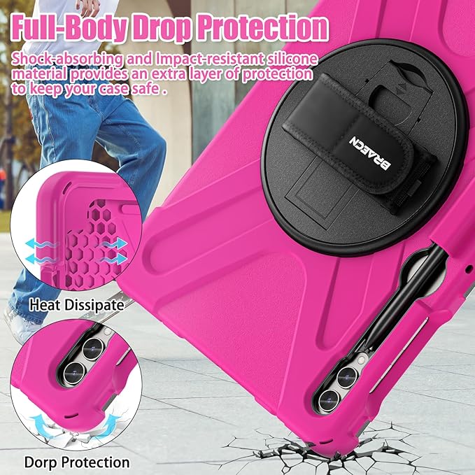 BRAECNstock for Samsung Galaxy Tab S10+ Plus/ S9 FE+ Plus/ S9+ Plus/ S8+ Plus/ S7 FE/ S7+ Plus 5G Tablet Case 12.4" Shockproof Protective Cover with Pen Holder Rotating Hand Strap & Stand - Rose Red