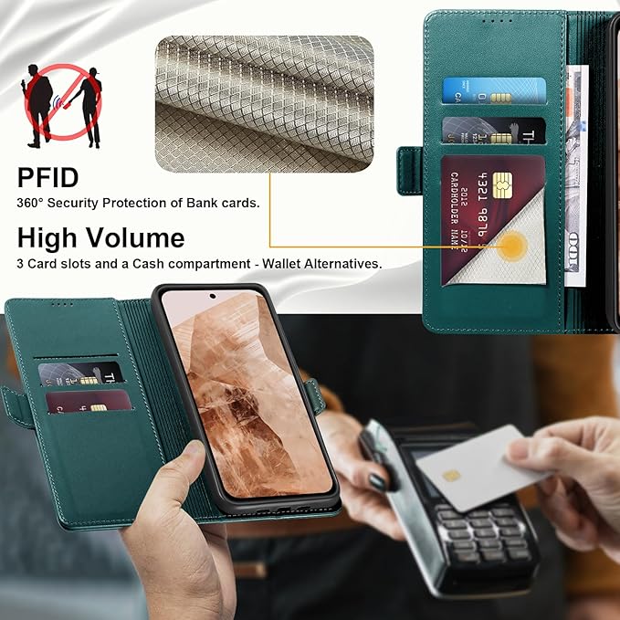 Wallet Flip Case for Google Pixel 8A - [RFID Blocking] Luxury PU Leather Card Holder Magnetic Phone Cover with Kickstand,Shockproof Protective Case,Green