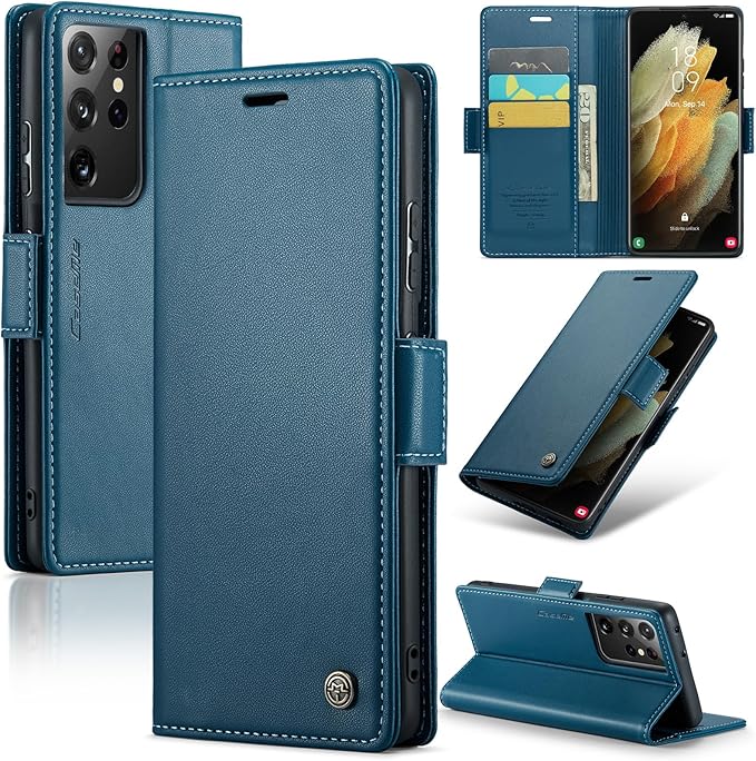 AUPAI for Samsung Galaxy S21 Ultra Wallet Case with Credit Card Holder, PU Leather RFID Blocking Folio Flip Kickstand Magnetic Clasp Protective Phone Cover for Women Men Blue