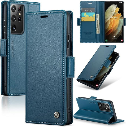 AUPAI for Samsung Galaxy S21 Ultra Wallet Case with Credit Card Holder, PU Leather RFID Blocking Folio Flip Kickstand Magnetic Clasp Protective Phone Cover for Women Men Blue