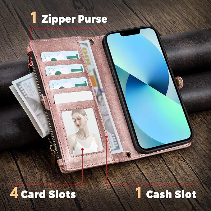 for iPhone 15 Wallet Phone Case with 7 Card Holder,RFID Blocking | PU Leather | Kickstand | Flip | Wrist Strap&Shoulder Strap | Shockproof | Zipper Wallet | Women Men | 6.1" | Rose Gold