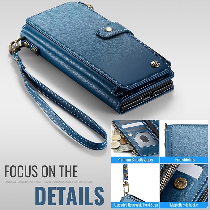 Vinich for Samsung Galaxy Z Fold 7 Wallet Case with Card Holder, Detachable Strap RFID Blocking Credit Slots Kickstand Shockproof Phone Cover for Women Men, Blue