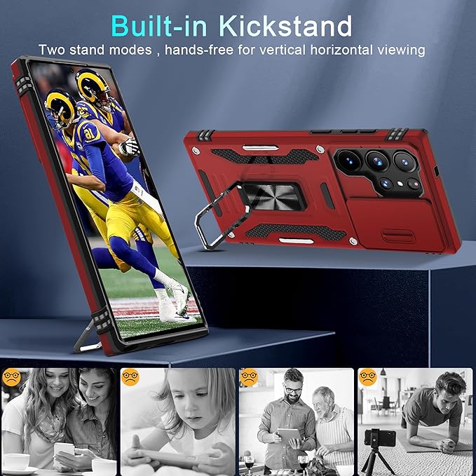 DEERLAMN Case for Samsung Galaxy S25 Ultra with Slide Camera Cover+Screen Protector (1 Pack), Rotated Ring Kickstand Military Grade Shockproof Protective Cover-Red