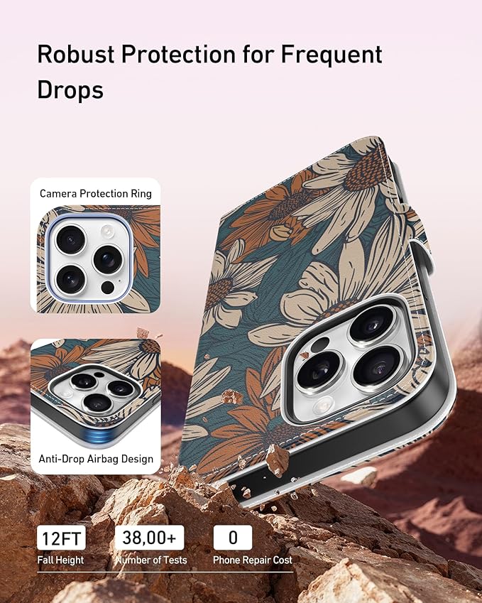 DEENAKIN for iPhone 15 Pro Wallet Case with Card Holder + Cash Clip, RFID-Blocking, Military-Grade Drop Protection, Magnetic Closure with Leather Kickstand - Floral Daisy Pattern