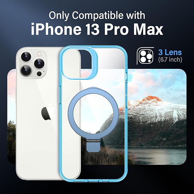 Magnetic Case for iPhone 13 Pro Max - [Built-in Invisible Stand] [Compatible with MagSafe] [Military Grade Drop Protection] Anti-Yellowing Hard Back Silicone Edge Cover, 6.7", Clear Blue