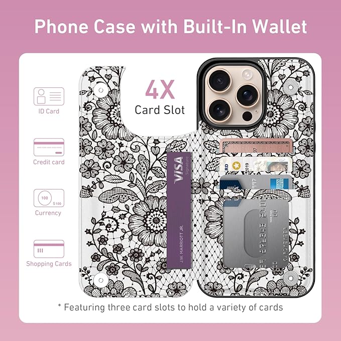 FUNMIKO for iPhone 16 Pro Max Wallet Case with Card Holder, RFID-Blocking, Military-Grade Protection & UV-Printed Artwork, Magnetic Closure with Leather Kickstand - Graceful Lace Floral