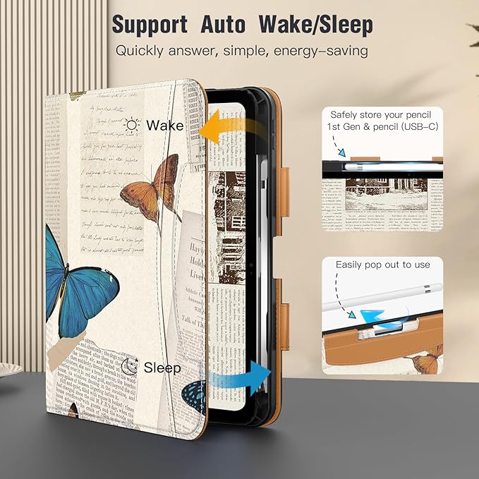 MoKo for iPad (A16) 11th Generation Case 11 inch 2025, iPad 10th Generation Case 10.9" 2022 with Pencil Holder & Pocket, Premium Leather Folio Stand Cover, Multiple Viewing Angles, Vintage Butterfly