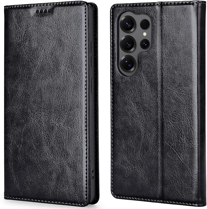 for Samsung Galaxy S24 Ultra Wallet Case, Genuine Leather Flip Folio Cover with RFID Blocking Card Holder & Kickstand, [Shockproof TPU Inner Shell] for Samsung Galaxy S24 Ultra, Black