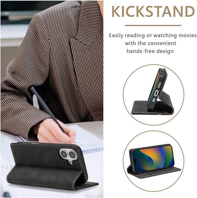 QLTYPRI for iPhone 16 Plus Case Wallet with Card Holder, Vintage PU Leather Kickstand Magnetic Closure Shockproof Folio Book Cover Case for iPhone 16 Plus - Retro Black