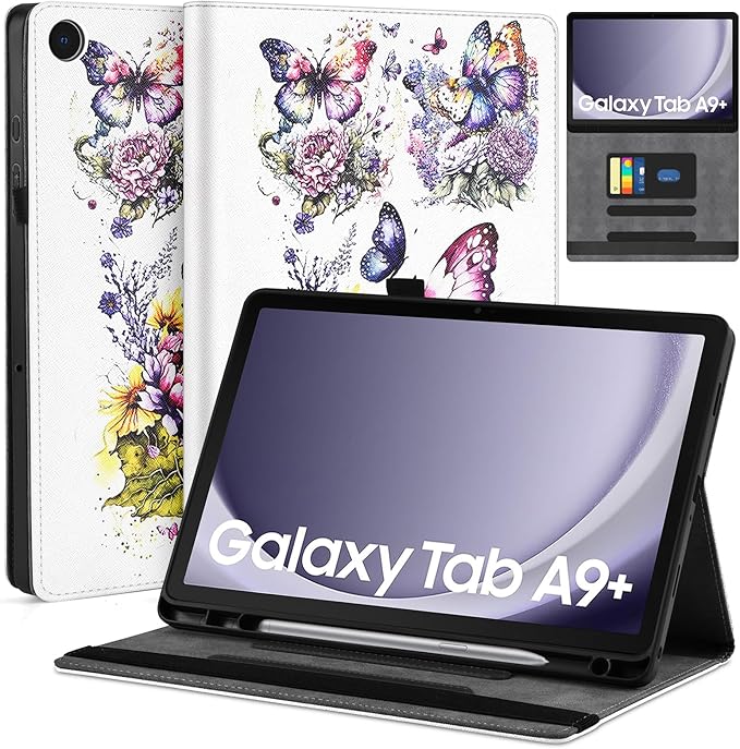 DETUOSI for Samsung Galaxy Tab A9+/A9 Plus 11 inch 2023 Case (SM-X210/X216/X218) Premium Leather Folio Stand Protective Cover Auto Wake/Sleep with Pencil Holder Butterfly Flower