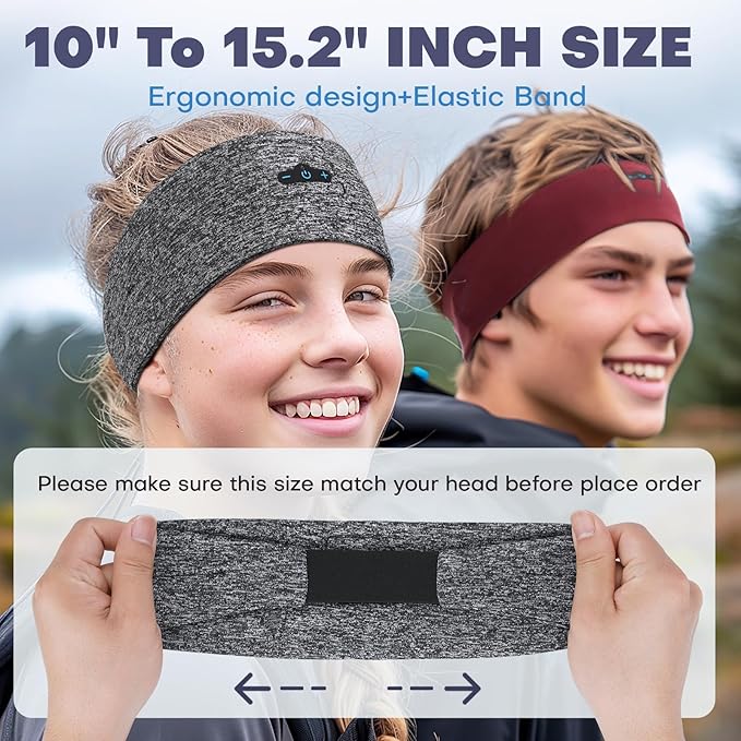 Headband Headphones Bluetooth Headband for Side Sleeper, 14 Hour Playtime, Wireless Headband with HD Stereo Speakers for Workout,Running,Yoga, Ideal Gifts for Men, Women, Teens, Grey