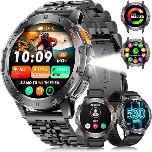 LIGE 1.43" AMOLED Smart Watch for Men with Flashlight, Bluetooth Calling, 100+ Sport Modes, 530mAh, IP68 Waterproof Fitness Tracker for Workout, iOS Android Compatible, Black Steel Leather