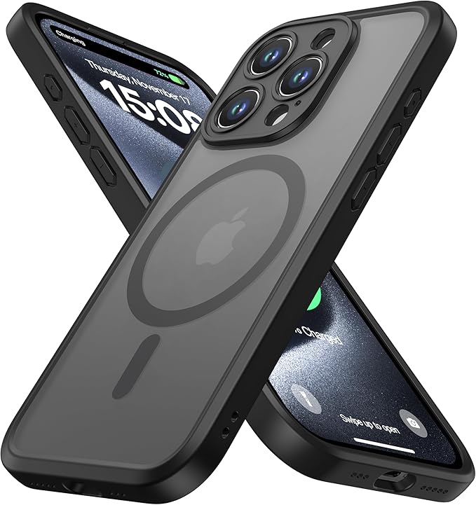 ImpactStrong Magnetic Guard Designed for iPhone 15 Pro Case [Camera Protection] [Military Grade Drop Tested] [Compatible with MagSafe] Slim Translucent Matte Phone Case (6.1") - Black