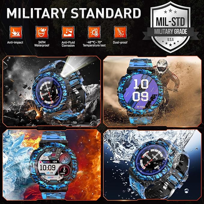 Military Smart Watches for Men (Answer/Make Calls) with LED Flashlight 3ATM Waterproof Smartwatch with 100+ Sports Modes 1.53" Fitness Tracker with Heart Rate Monitor for iPhone Android
