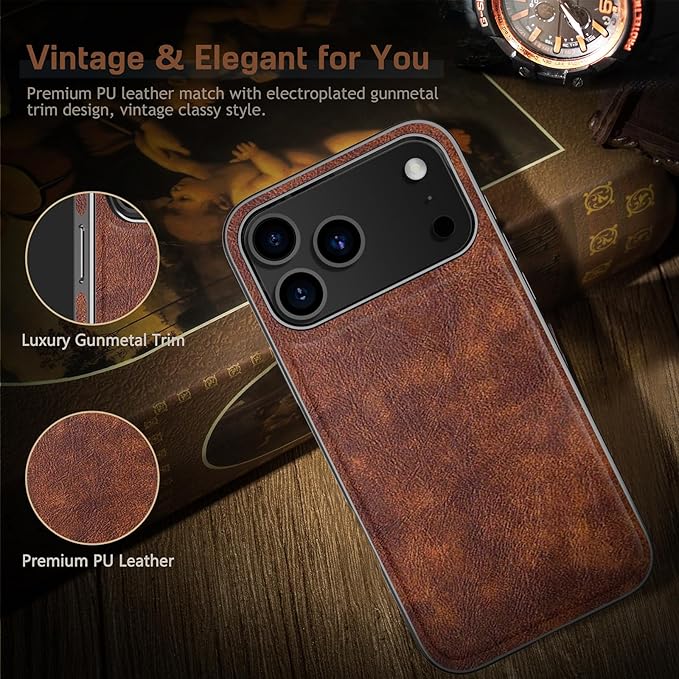 LOHASIC for iPhone 17 Pro Max Leather Case, Compatible with MagSafe, Vintage Elegant PU & Metal Bumper Trim, Protective Phone Cover Magnetic Case for iPhone17 Pro Max 6.9" 2025 - Retro Brown