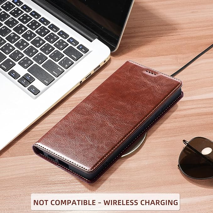 for Samsung Galaxy S24 Ultra Wallet Case, Genuine Leather Flip Folio Cover with RFID Blocking Card Holder & Kickstand, [Shockproof TPU Inner Shell] for Samsung Galaxy S24 Ultra, Brown