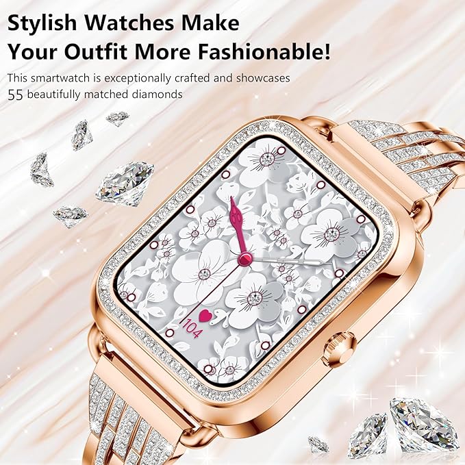 Efolen Smart Watches for Women with Diamonds (Answer/Make Call), 1.57'' Bluetooth Smartwatch for Android iOS Phones, Waterproof Fitness Watch with Heart Rate/SpO2/Sleep/BP/AI Voicer (Rose Gold)