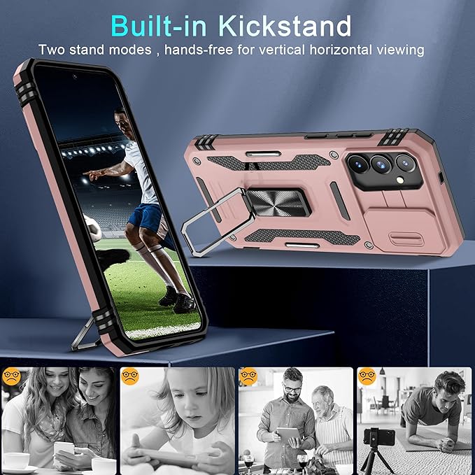 DEERLAMN Case for Samsung Galaxy S24+ Plus with Slide Camera Cover+Screen Protector (1 Pack), Rotated Ring Kickstand Military Grade Shockproof Protective Cover-Rose Gold
