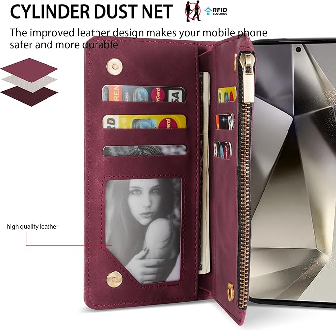 ZZXX for Samsung Galaxy S24 Ultra Wallet Case with RFID Blocking Card Slot PU Leather Zipper Flip Folio with Strap Kickstand Protective Cover for Galaxy S24 Ultra Case Wallet(Wine Red-6.8 inch)