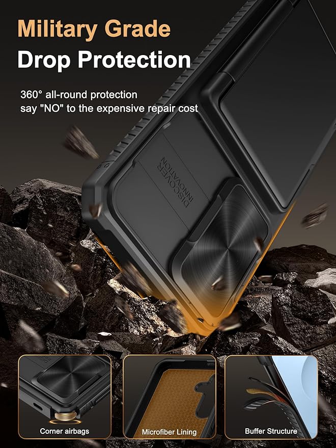 Vihibii for Samsung Galaxy S25 Plus Case with Card Holder (4 Cards), Built-in 2X Tempered Glass Screen Protector & Slide Camera Cover, Rugged & Shockproof Phone Case for S25 Plus, Black