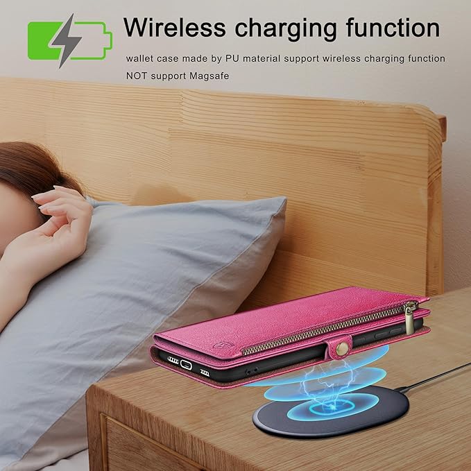 XcaseBar Compatible with Samsung Galaxy S25 Wallet case with Zipper Credit Card Holder【RFID Blocking】,Flip Folio Book PU Leather Phone case Shockproof Cover Women Men for Samsung S25 case Rose Red