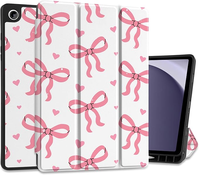 MEEgoodo Case for Samsung Galaxy Tab A9 Plus 11 inch Cover 2024 2023 with S Pen Holder, A9+ Smart Tablet Cases with Leather Trifold Stand+Soft TPU Back Shell+Smart Auto Wake/Sleep, Pink Bows