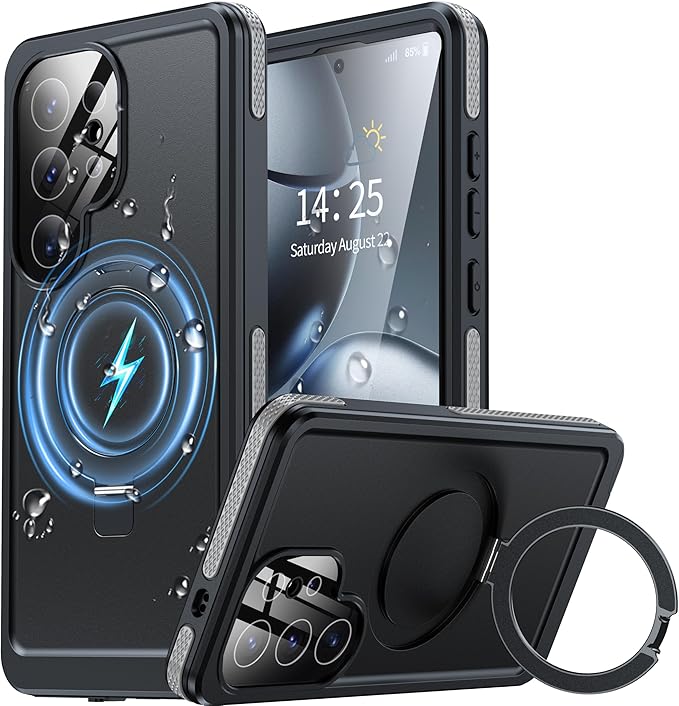 Magnetic & Stand for Samsung Galaxy S25 Ultra Case Waterproof[Built-in Screen Protector][Fit for Magsafe][Invisible Kickstand] 360° Full Body Sealed Protective Dustproof Shockproof Case Black
