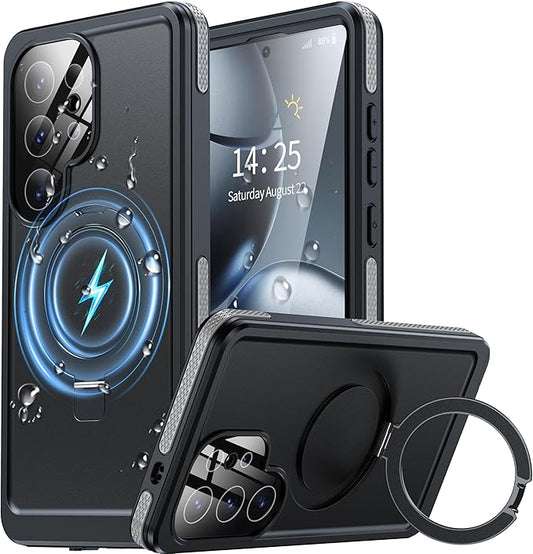 Magnetic & Stand for Samsung Galaxy S25 Ultra Case Waterproof[Built-in Screen Protector][Fit for Magsafe][Invisible Kickstand] 360° Full Body Sealed Protective Dustproof Shockproof Case Black