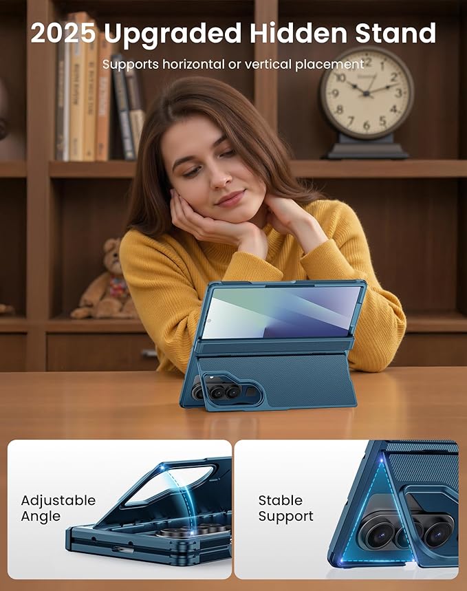 for Galaxy Z Fold 7 Case, Built-in Hidden Kickstand & HD Screen Protector & Hinge Protection, Slim Shockproof Military Grade Drop Protective Phone Case for Samsung Z Fold 7 (Lake Blue)