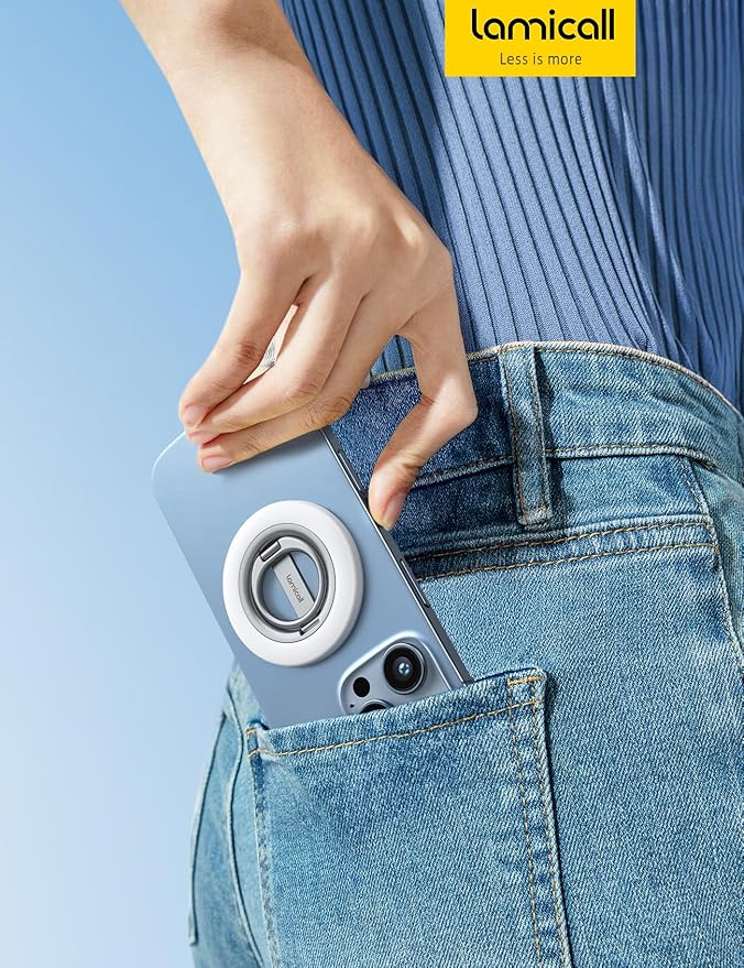 Lamicall Magnetic Phone Ring Grip Stand - [Stable Dual-Hinge] Ring Kickstand 360° Rotation Finger Holder [Super Magnet] Ring Grip, for MagSafe Accessories for iPhone 17 16 15 14 Pro Max, White