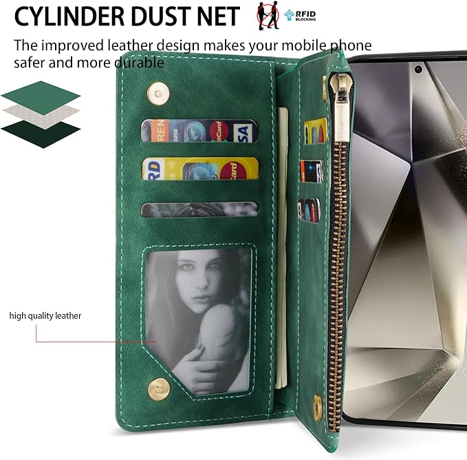 ZZXX for Samsung Galaxy S24 Ultra Wallet Case with RFID Blocking Card Slot PU Leather Zipper Flip Folio with Strap Kickstand Protective Cover for Samsung Galaxy S24 Ultra Case Wallet(Green-6.8 inch)