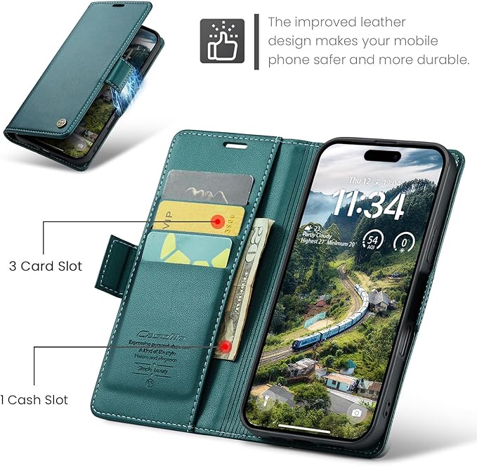 for iPhone 16 Pro Case, Premium PU Leather Wallet Case Flip Cover with [RFID Blocking][Card Holder][Stand Function] Shockproof Protective for iPhone 16 Pro 6.3", Blue-Green