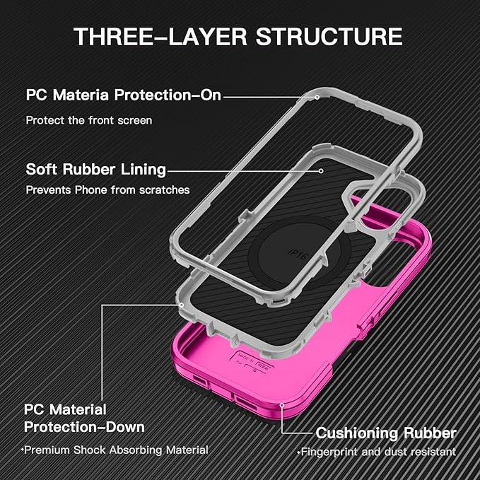 for iPhone 16 Case [Compatible with MagSafe] Shockproof 3-Layer Full Body Protection [Without Screen Protector] Rugged Heavy Duty Cover Case for Apple iPhone 16 6.1",Rose Red/Grey