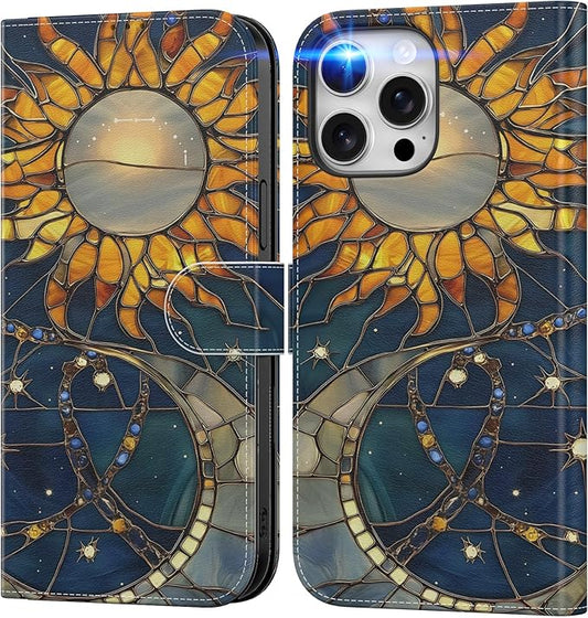 DEENAKIN for iPhone 15 Pro Wallet Case with Card Holder + Cash Clip, RFID-Blocking, Military-Grade Drop Protection, Magnetic Closure with Leather Kickstand - Solar Lunar Harmony