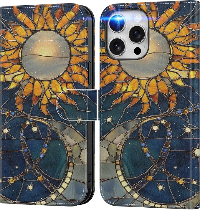 DEENAKIN for iPhone 15 Pro Max Wallet Case with Card Holder + Cash Clip, RFID-Blocking, Military-Grade Drop Protection, Magnetic Closure with Leather Kickstand - Solar Lunar Harmony